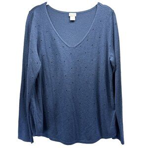 Chicos Womens Sweater Sz Large Blue Studded Long Sleeve Knit Curved Hem Pullover